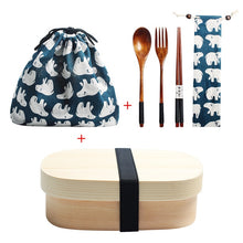 Load image into Gallery viewer, Wooden Lunch Box Picnic Japanese Bento Box for School Kids Dinnerware Set with Bag&Spoon Fork Chopsticks Round Square Lunch Box