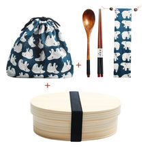 Load image into Gallery viewer, Wooden Lunch Box Picnic Japanese Bento Box for School Kids Dinnerware Set with Bag&Spoon Fork Chopsticks Round Square Lunch Box