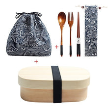 Load image into Gallery viewer, Wooden Lunch Box Picnic Japanese Bento Box for School Kids Dinnerware Set with Bag&Spoon Fork Chopsticks Round Square Lunch Box