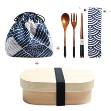 Load image into Gallery viewer, Wooden Lunch Box Picnic Japanese Bento Box for School Kids Dinnerware Set with Bag&Spoon Fork Chopsticks Round Square Lunch Box
