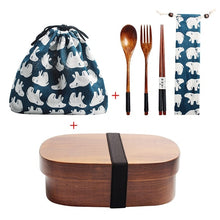 Load image into Gallery viewer, Wooden Lunch Box Picnic Japanese Bento Box for School Kids Dinnerware Set with Bag&Spoon Fork Chopsticks Round Square Lunch Box