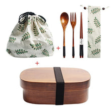Load image into Gallery viewer, Wooden Lunch Box Picnic Japanese Bento Box for School Kids Dinnerware Set with Bag&Spoon Fork Chopsticks Round Square Lunch Box