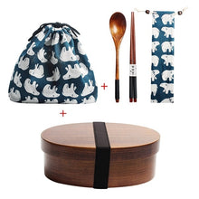 Load image into Gallery viewer, Wooden Lunch Box Picnic Japanese Bento Box for School Kids Dinnerware Set with Bag&Spoon Fork Chopsticks Round Square Lunch Box