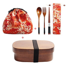 Load image into Gallery viewer, Wooden Lunch Box Picnic Japanese Bento Box for School Kids Dinnerware Set with Bag&Spoon Fork Chopsticks Round Square Lunch Box