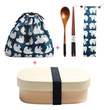 Load image into Gallery viewer, Wooden Lunch Box Picnic Japanese Bento Box for School Kids Dinnerware Set with Bag&Spoon Fork Chopsticks Round Square Lunch Box