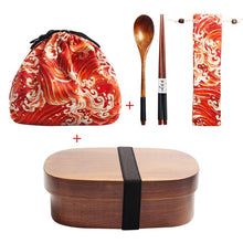 Load image into Gallery viewer, Wooden Lunch Box Picnic Japanese Bento Box for School Kids Dinnerware Set with Bag&Spoon Fork Chopsticks Round Square Lunch Box