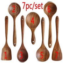Load image into Gallery viewer, Thailand Teak Natural Wood Tableware Spoon Ladle Turner Long Rice Colander Soup Skimmer Cooking Spoons Scoop Kitchen Tool Set