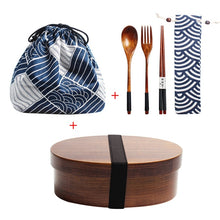 Load image into Gallery viewer, Wooden Lunch Box Picnic Japanese Bento Box for School Kids Dinnerware Set with Bag&Spoon Fork Chopsticks Round Square Lunch Box