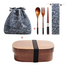 Load image into Gallery viewer, Wooden Lunch Box Picnic  Japanese Bento Box for School Kids Dinnerware Set with Bag&amp;Spoon Fork Chopsticks Round Square Lunch Box
