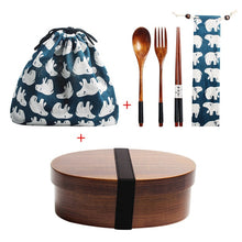 Load image into Gallery viewer, Wooden Lunch Box Picnic  Japanese Bento Box for School Kids Dinnerware Set with Bag&amp;Spoon Fork Chopsticks Round Square Lunch Box
