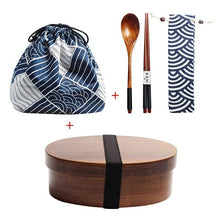 Load image into Gallery viewer, Wooden Lunch Box Picnic  Japanese Bento Box for School Kids Dinnerware Set with Bag&amp;Spoon Fork Chopsticks Round Square Lunch Box
