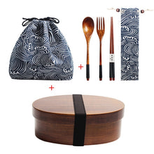 Load image into Gallery viewer, Wooden Lunch Box Picnic  Japanese Bento Box for School Kids Dinnerware Set with Bag&amp;Spoon Fork Chopsticks Round Square Lunch Box
