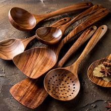 Load image into Gallery viewer, Thailand Teak Natural Wood Tableware Spoon Ladle Turner Long Rice Colander Soup Skimmer Cooking Spoons Scoop Kitchen Tool Set
