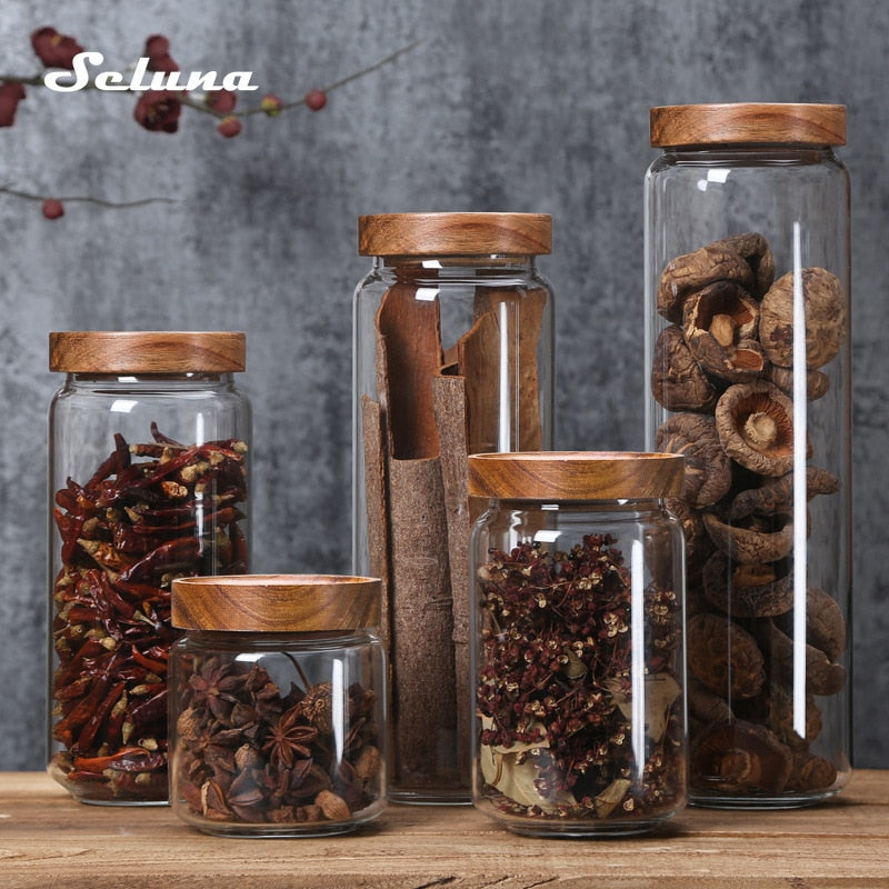 Wood Lid Glass Airtight Canister Kitchen Storage Bottles Jar Sealed Food Container Tea Coffee Beans Grains Candy Jars Containers